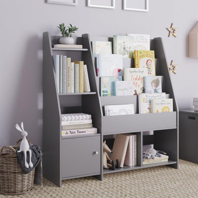 Sturdis Modern Round Edge Wooden Durable Kids Bookshelf with Step Shelves, Gray - VMInnovations