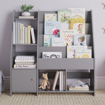 Sturdis Modern Round Edge Wooden Durable Kids Bookshelf with Step Shelves, Gray - VMInnovations