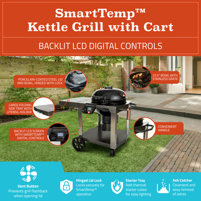 Loco Cookers 22.5 Inch SmartTemp Kettle Grill with Cart and Backlit LCD, Black - VMInnovations