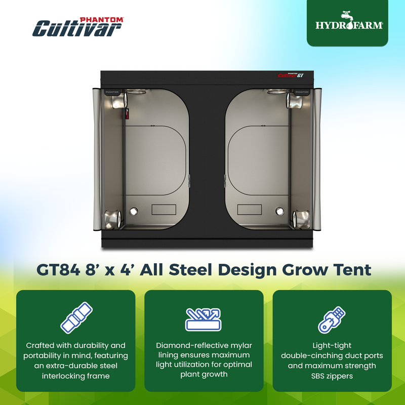 PHANTOM Cultivar GT84 8 x 4’ All Steel Design Grow Tent with 200 Pound Capacity