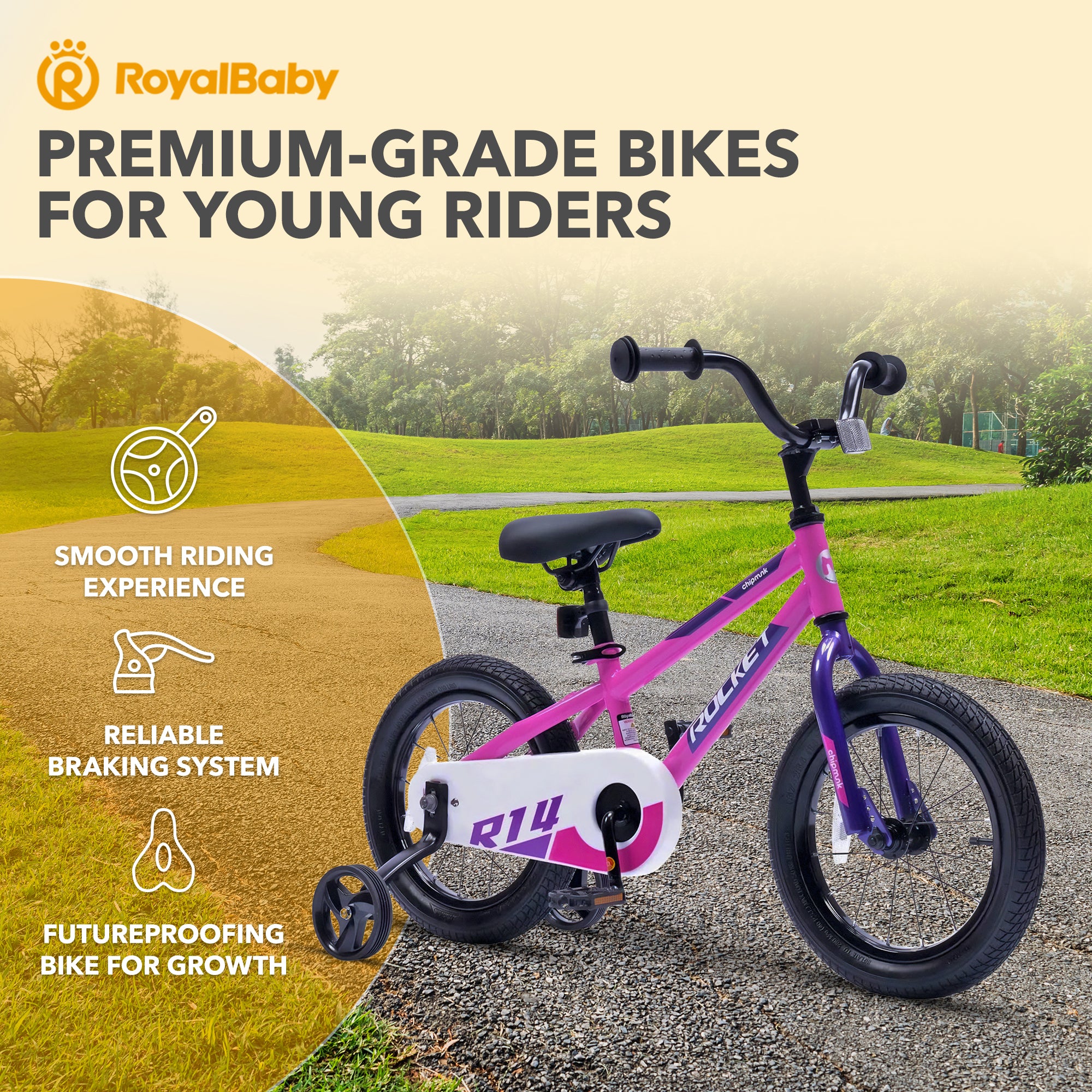 RoyalBaby Rocket Outdoor Children's Bike with Training Wheels, 12 Inch, Pink - VMInnovations