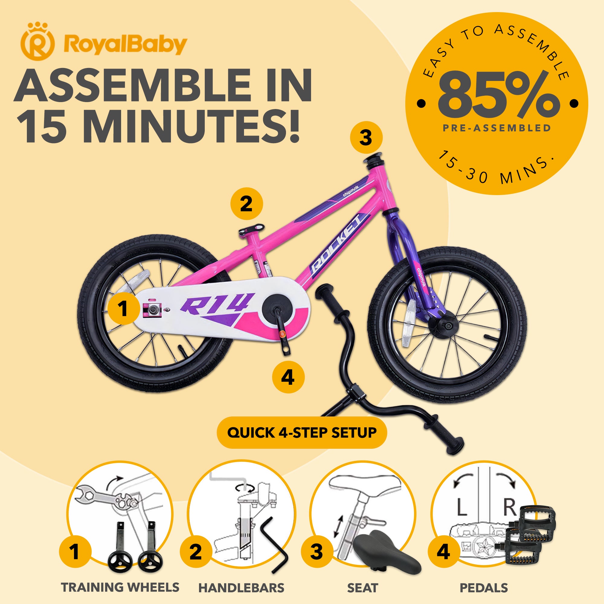 RoyalBaby Rocket Outdoor Children's Bike with Training Wheels, 12 Inch, Pink - VMInnovations