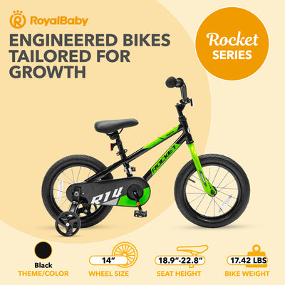 RoyalBaby Rocket Children's Bike with Training Wheels, 14 Inch, Black (Open Box) - VMInnovations