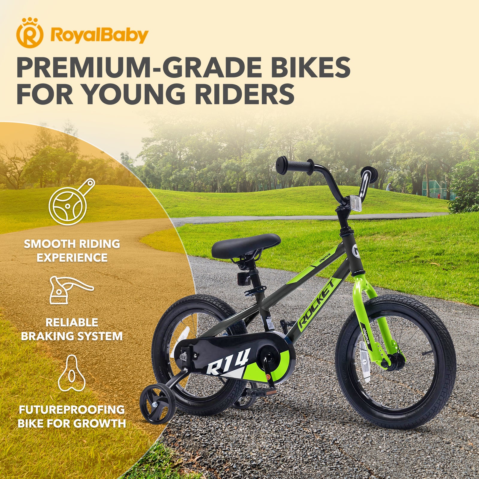 RoyalBaby Rocket Children's Bike with Training Wheels, 14 Inch, Black (Open Box) - VMInnovations