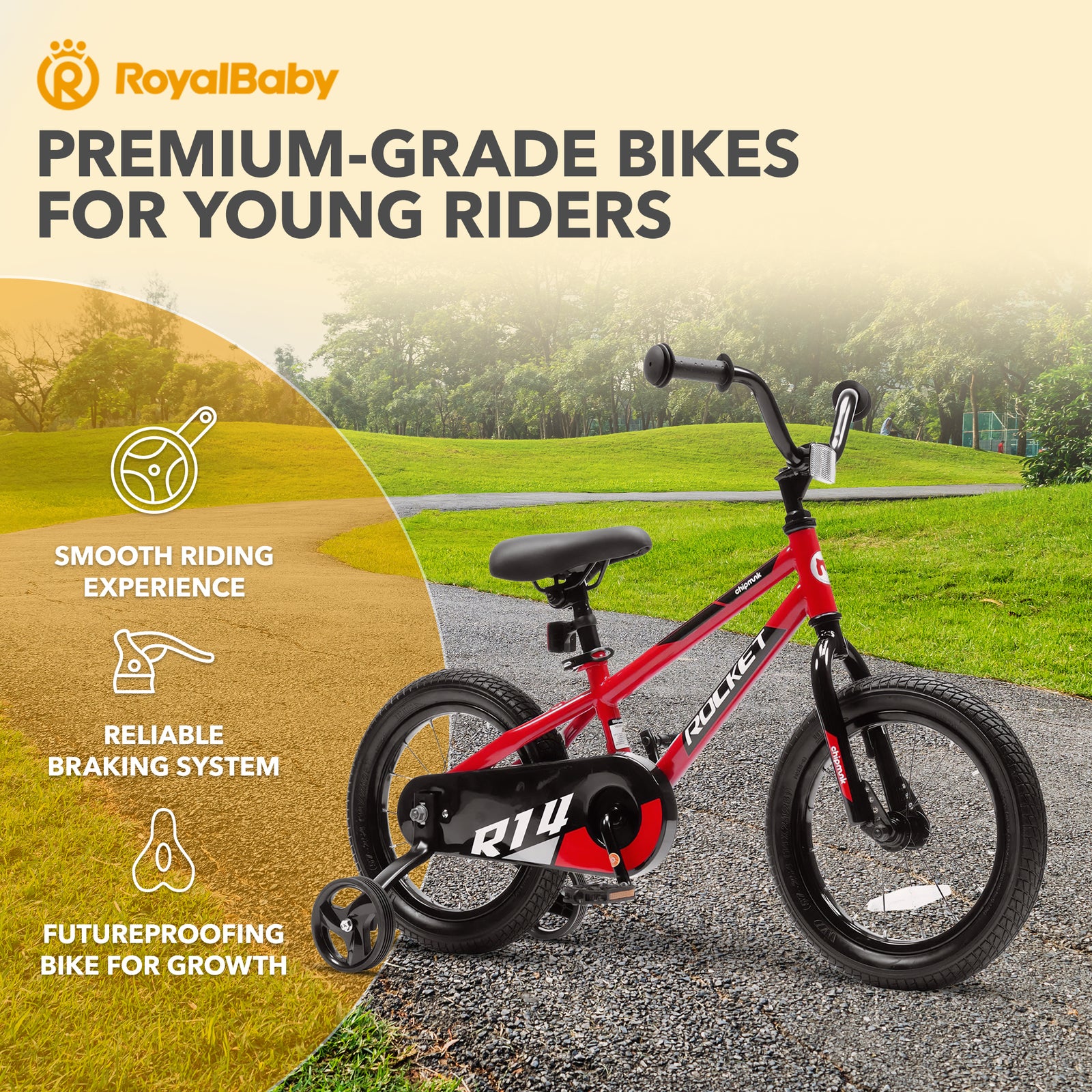 RoyalBaby Rocket Children's Bike with Training Wheels, 14 Inch, Red (Open Box) - VMInnovations