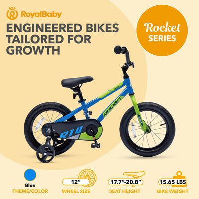 RoyalBaby Rocket Outdoor Children's Bike with Training Wheels, 12 Inch, Blue