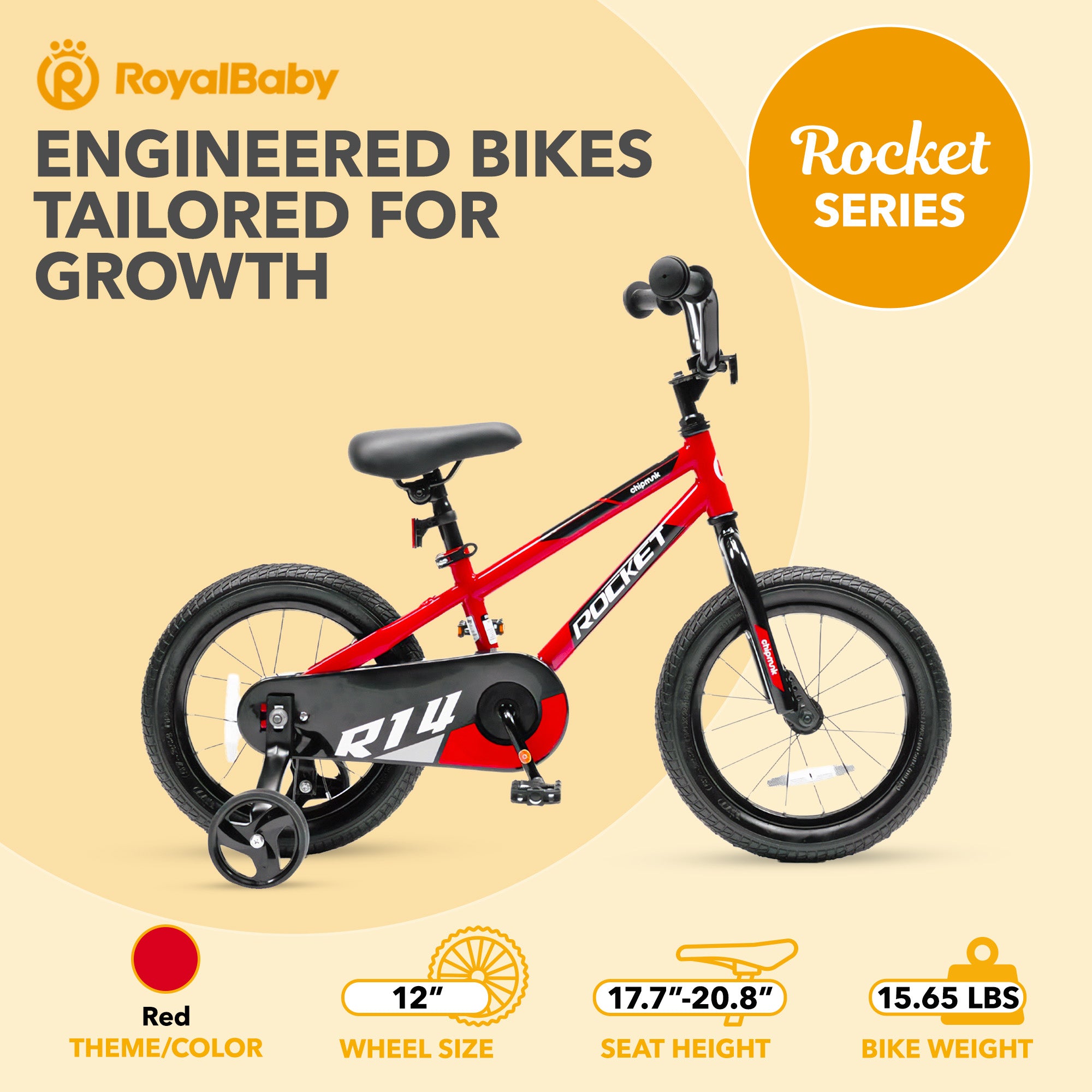 RoyalBaby Rocket Outdoor Children's Bike with Training Wheels, 12 Inch, Red