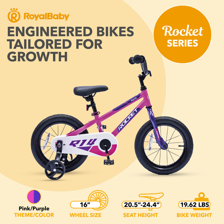 RoyalBaby Rocket Outdoor Children's Bike with Training Wheels, 16 Inch, Pink