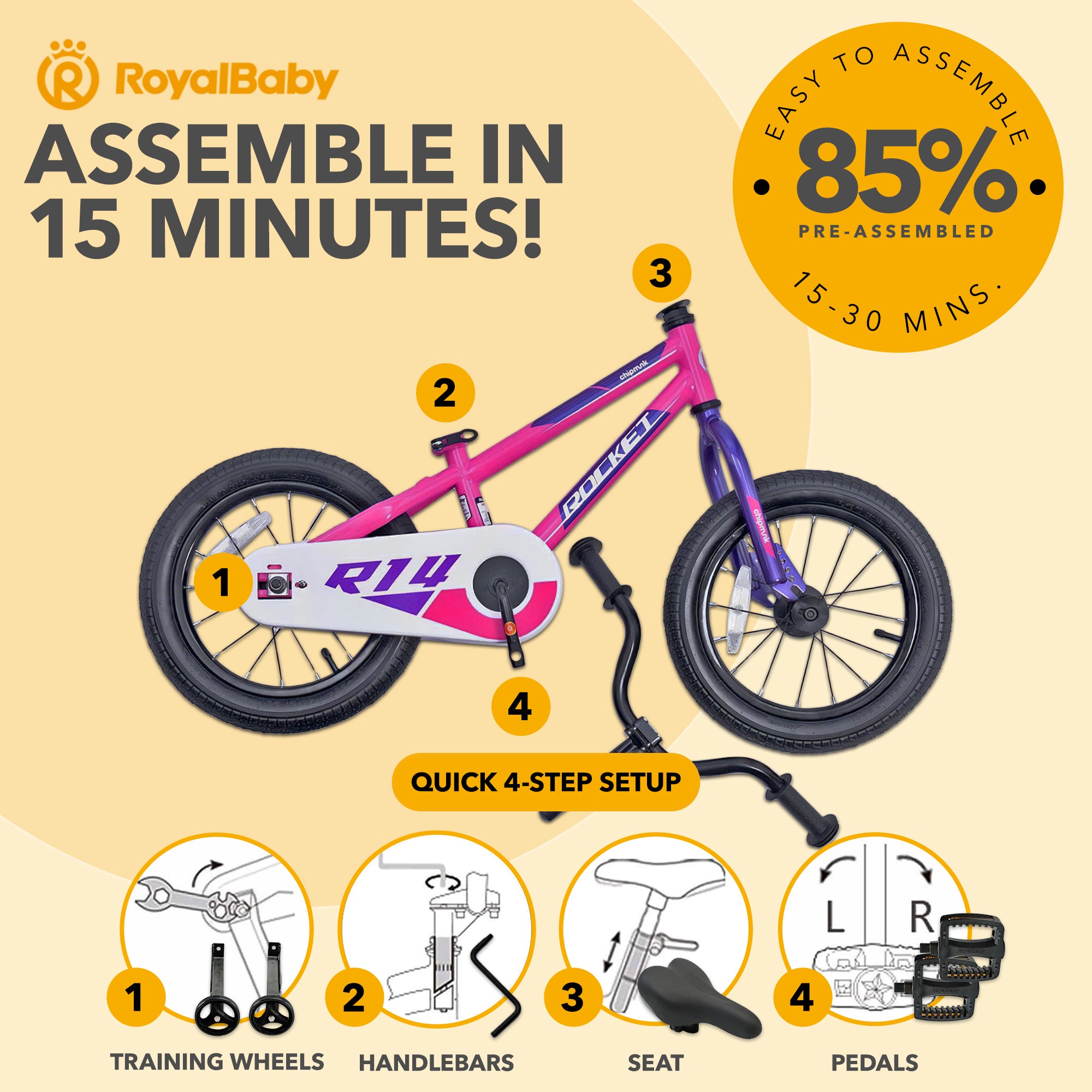 RoyalBaby Rocket Children's Bike with Training Wheels, 16 Inch, Pink (Used) - VMInnovations