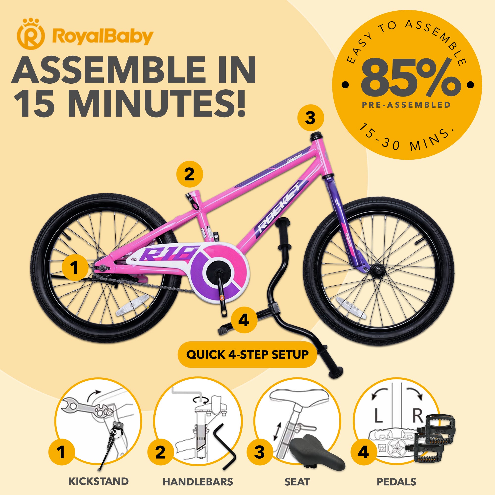 RoyalBaby Rocket Outdoor Children's Sport Bike with Kickstand, 18 Inch, Pink - VMInnovations