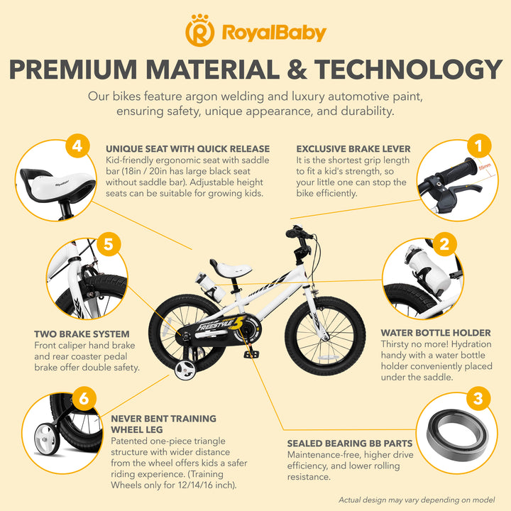 RoyalBaby Freestyle Kid's Bicycle with Training Wheels, 12", White (Open Box)