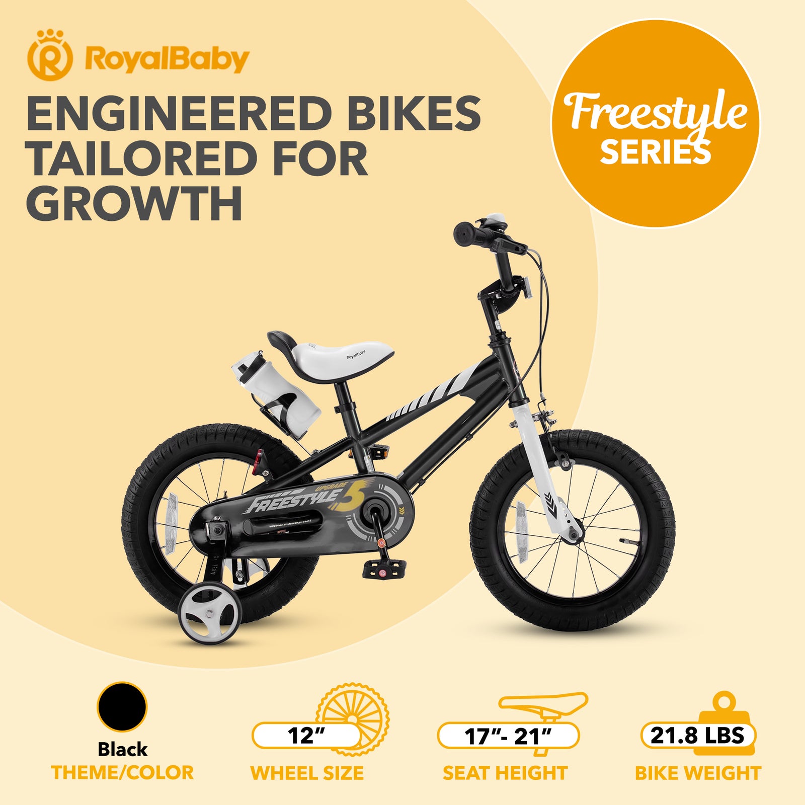 RoyalBaby Freestyle Outdoor Kid's Bicycle with Training Wheels, 12 Inch, Black - VMInnovations