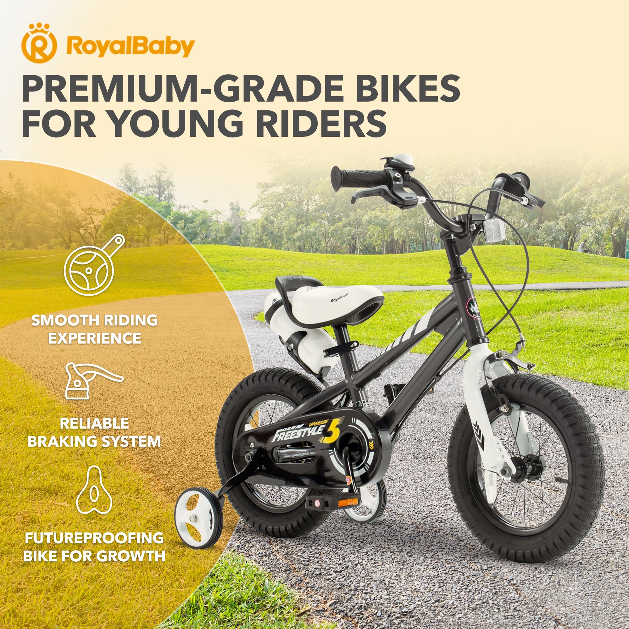 RoyalBaby Freestyle Outdoor Kid's Bicycle w/Training Wheels, 12",Black(Open Box) - VMInnovations