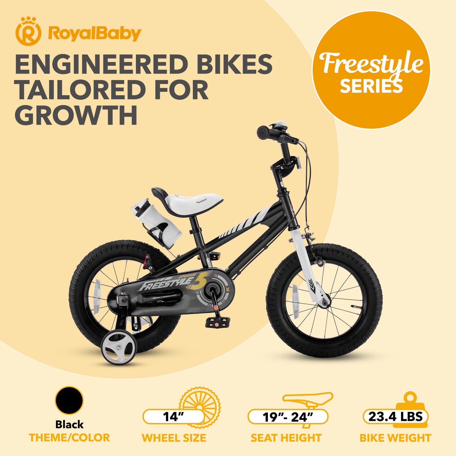 RoyalBaby Freestyle Outdoor Kid's Bicycle with Training Wheels, 14 Inch, Black - VMInnovations