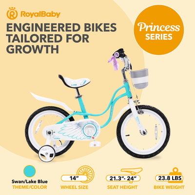 RoyalBaby Princess Girl Kids Bicycle 14" with Training Wheels, Swan/Lake Blue - VMInnovations