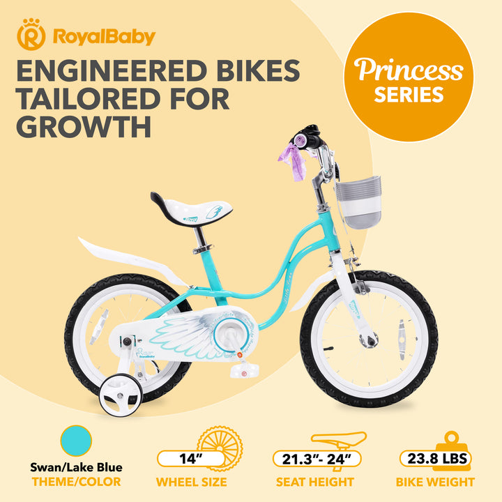 RoyalBaby Girl Kids Bicycle 14" w/Training Wheels, Swan/Lake Blue (Open Box) - VMInnovations