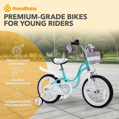 RoyalBaby Girl Kids Bicycle 14" w/Training Wheels, Swan/Lake Blue (Open Box) - VMInnovations