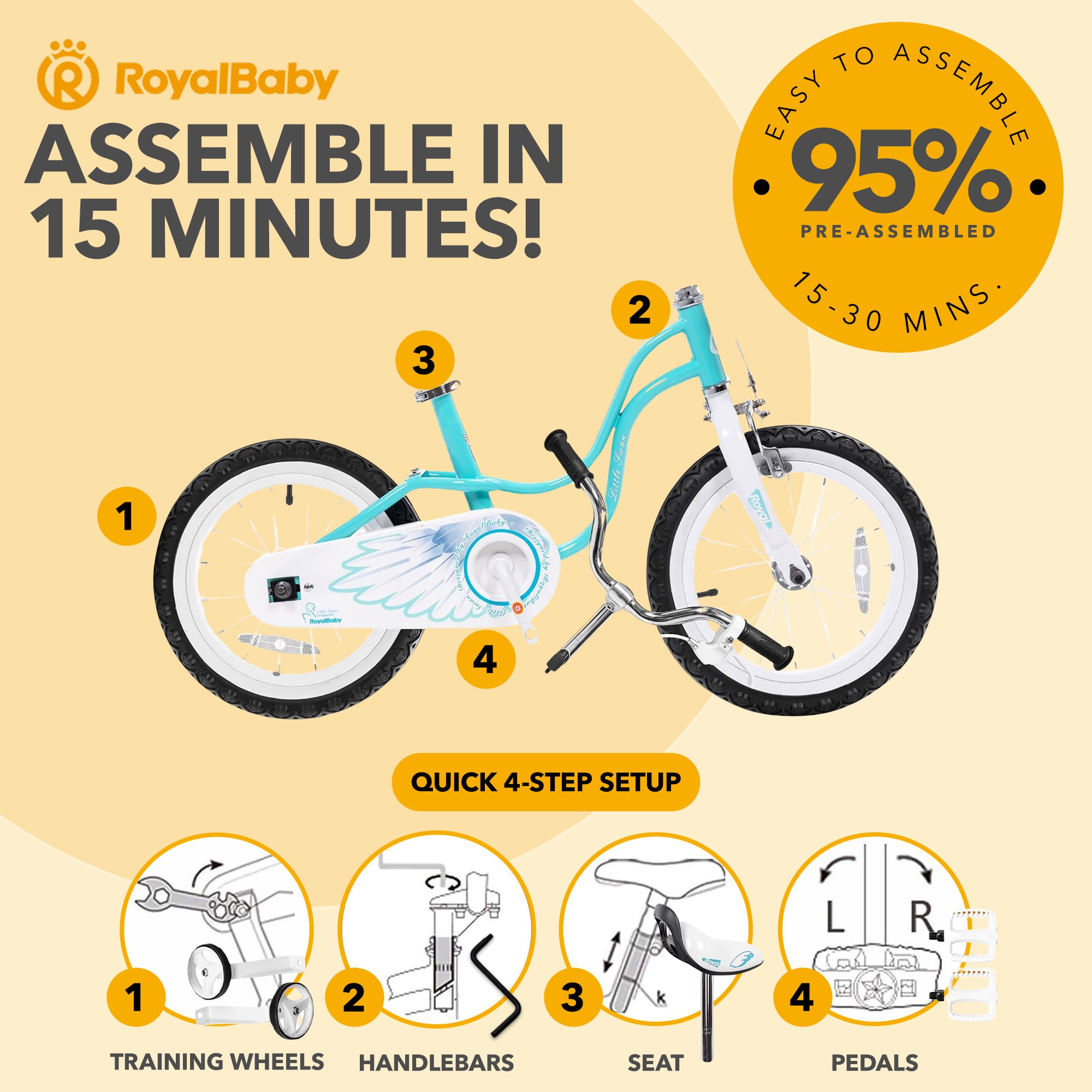 RoyalBaby Girl Kids Bicycle 14" w/Training Wheels, Swan/Lake Blue (Open Box) - VMInnovations