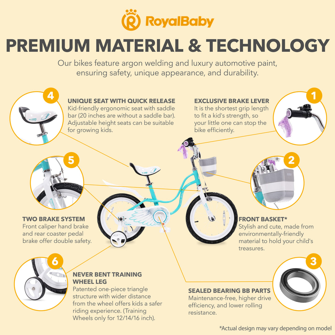 RoyalBaby Girl Kids Bicycle 14" w/Training Wheels, Swan/Lake Blue (Open Box)