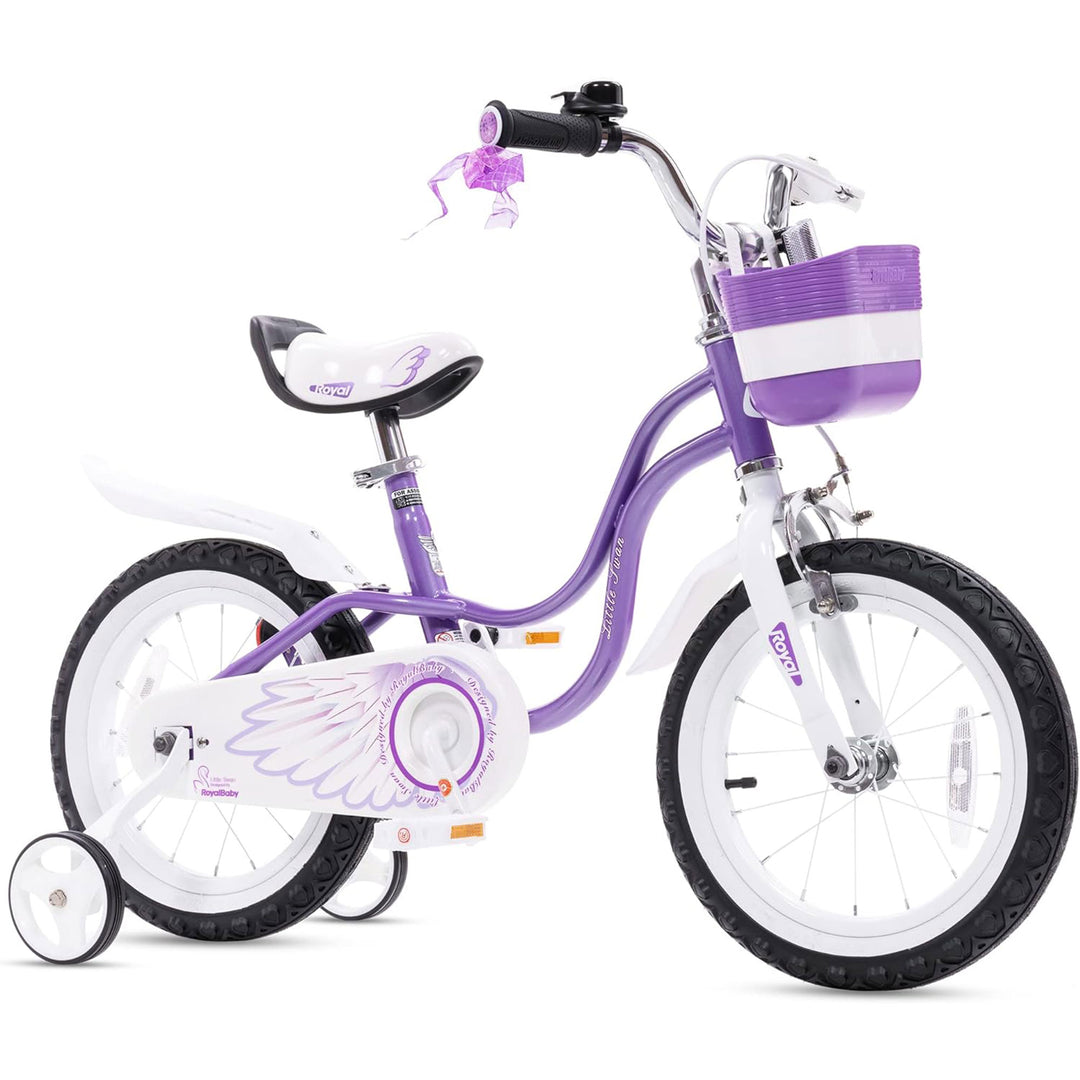 RoyalBaby Girl Kids Bicycle 14 Inch with Training Wheels, Swan/Purple (Open Box)