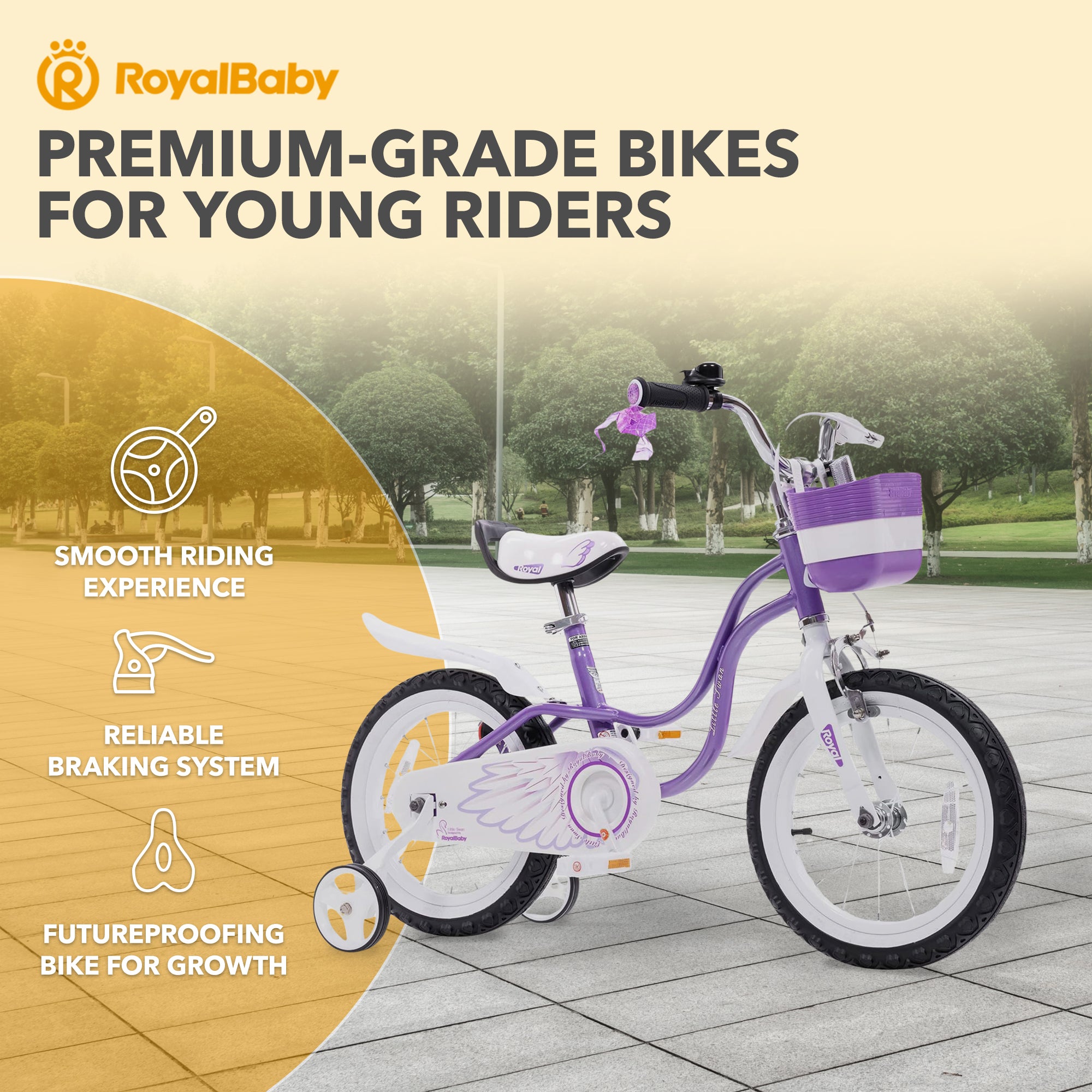 RoyalBaby Girl Kids Bicycle 14 Inch with Training Wheels, Swan/Purple (Open Box) - VMInnovations