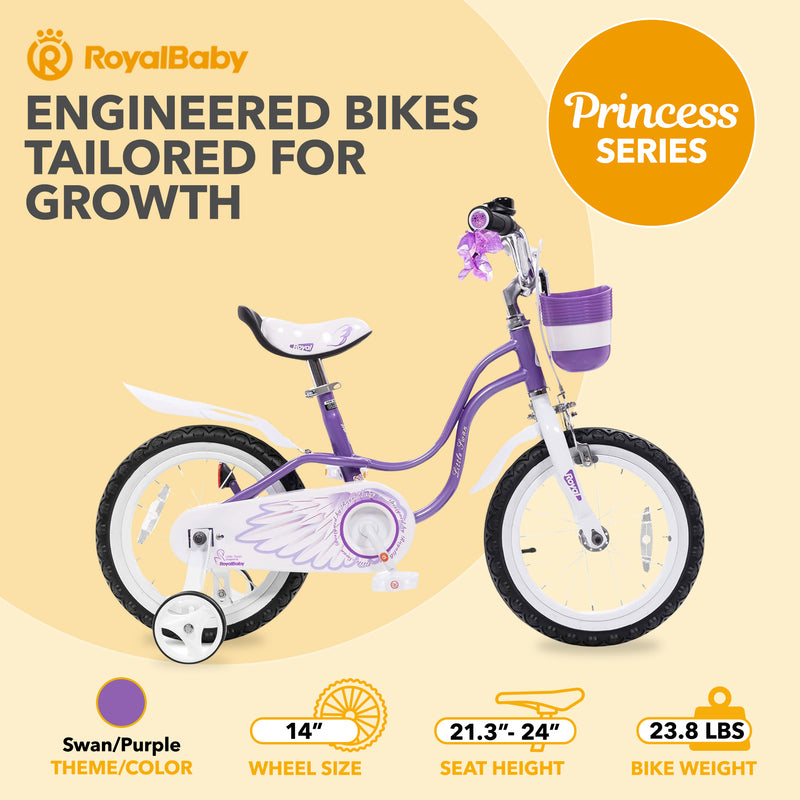 RoyalBaby Princess Girl Kids Bicycle 14 Inch with Training Wheels, Swan/Purple