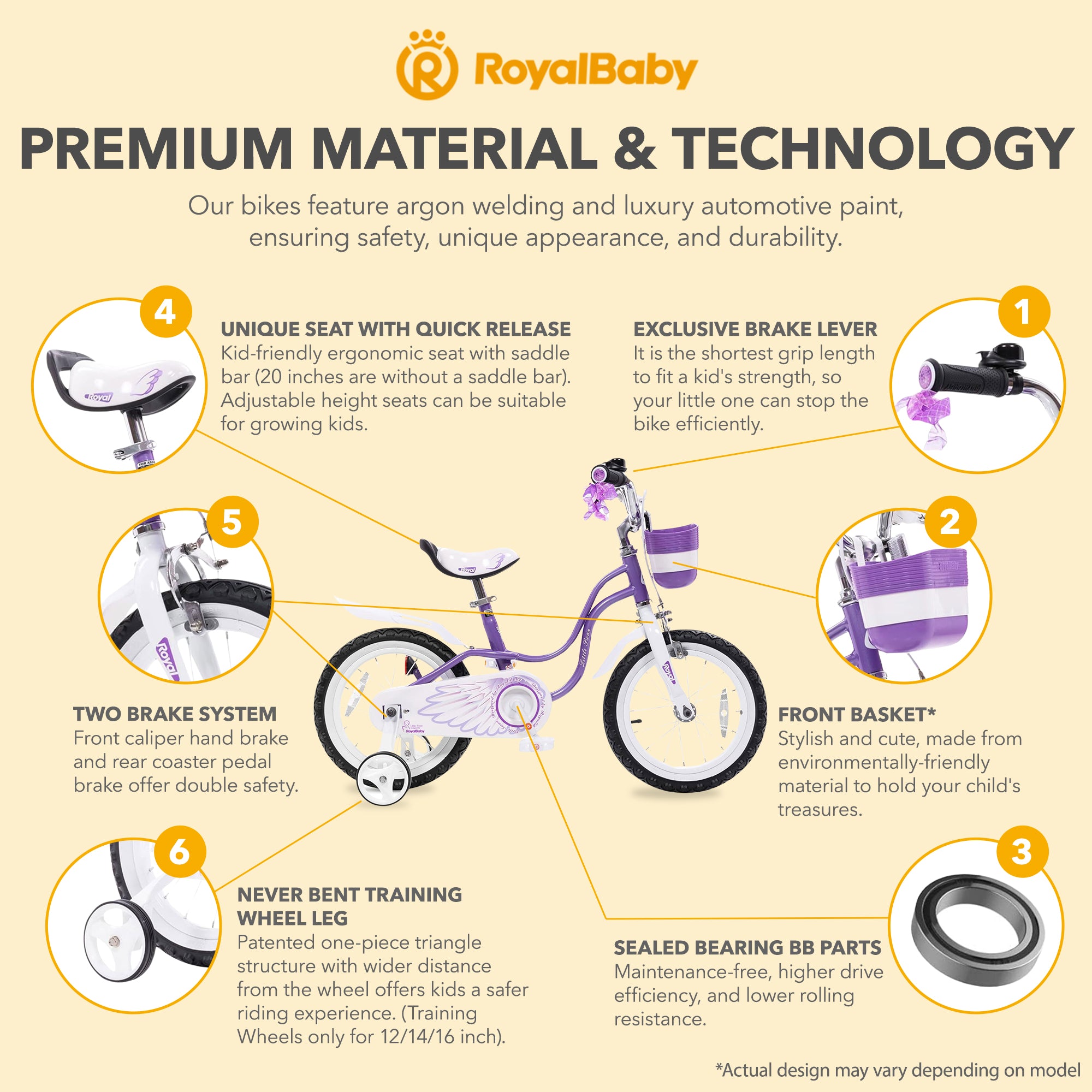 RoyalBaby Girl Kids Bicycle 14 Inch with Training Wheels, Swan/Purple (Open Box) - VMInnovations