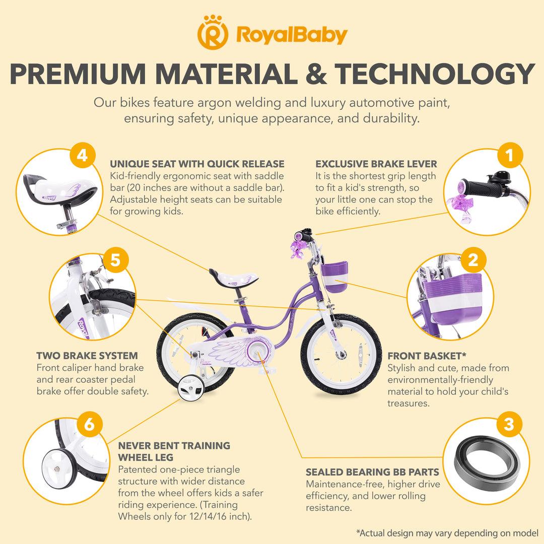 RoyalBaby Girl Kids Bicycle 14 Inch with Training Wheels, Swan/Purple (Open Box)