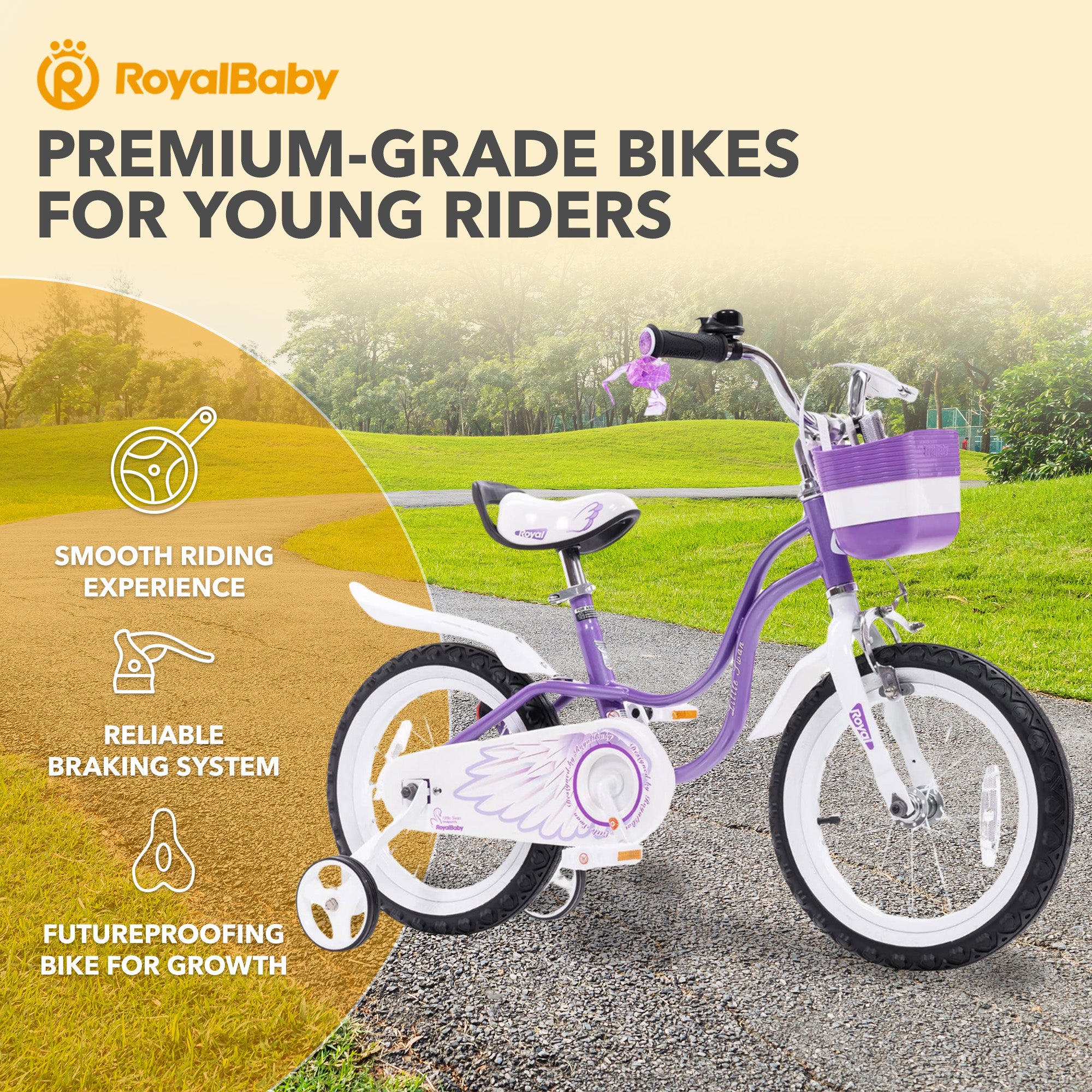 RoyalBaby Girl Bicycle 16" w/ Training Wheels & Kickstand, Swan/Purple(Open Box) - VMInnovations