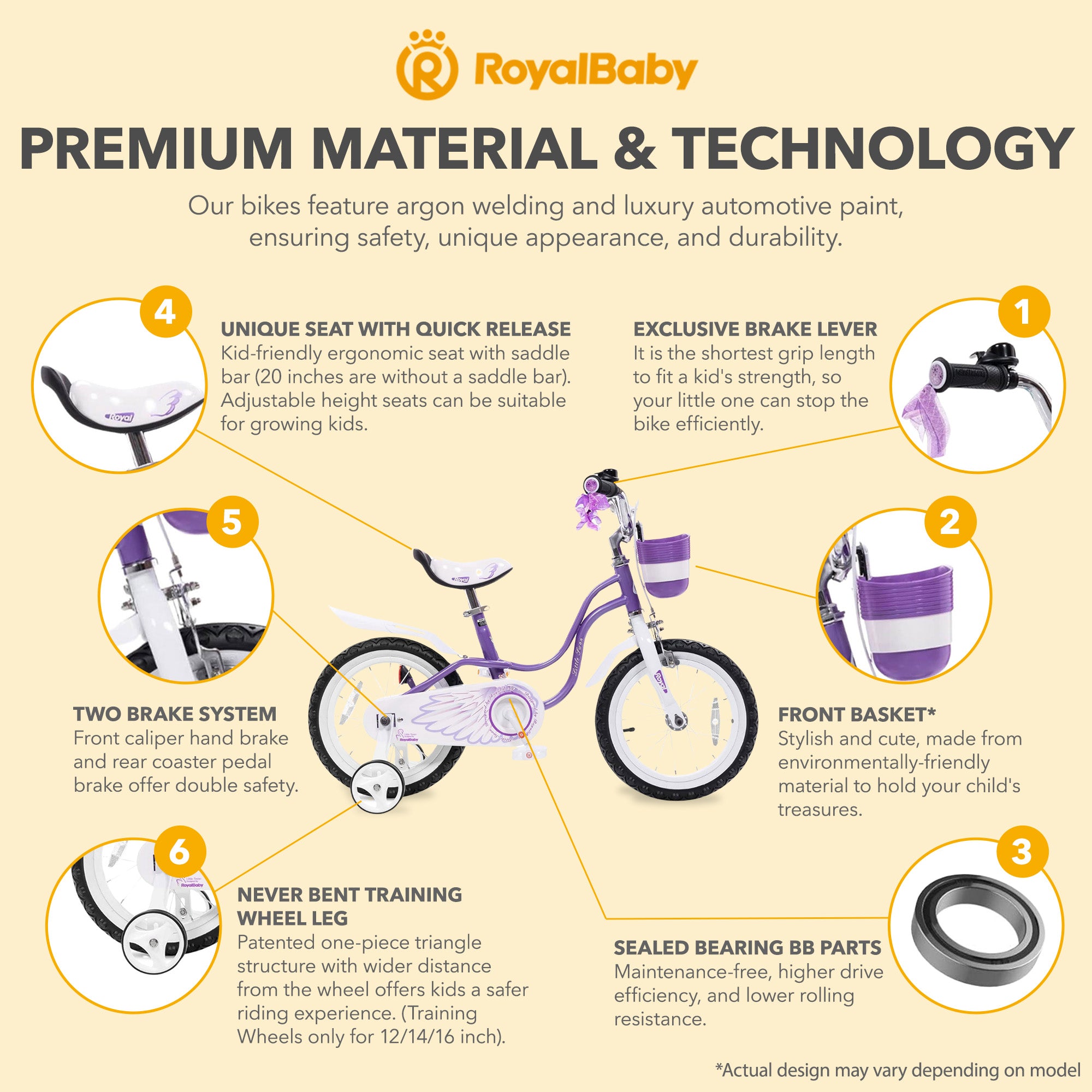 RoyalBaby Girl Bicycle 16" w/ Training Wheels & Kickstand, Swan/Purple(Open Box)