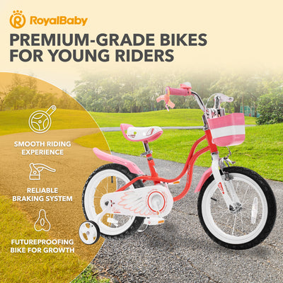 RoyalBaby Princess Girl Bicycle 16" with Training Wheels & Kickstand, Swan/Red - VMInnovations