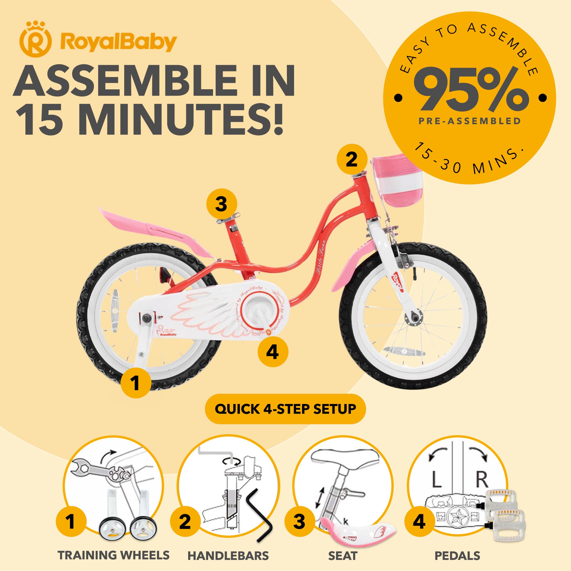 RoyalBaby Princess Girl Bicycle 16" with Training Wheels & Kickstand, Swan/Red - VMInnovations