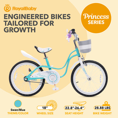 RoyalBaby Princess Girl Kids Bicycle 18 Inch with Kickstand, Swan/Blue (Used) - VMInnovations