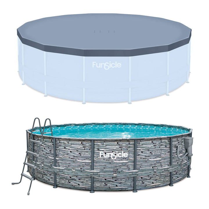 Funsicle 16' x 48" Oasis Round Frame Swimming Pool with 16' Debris Cover, Stone