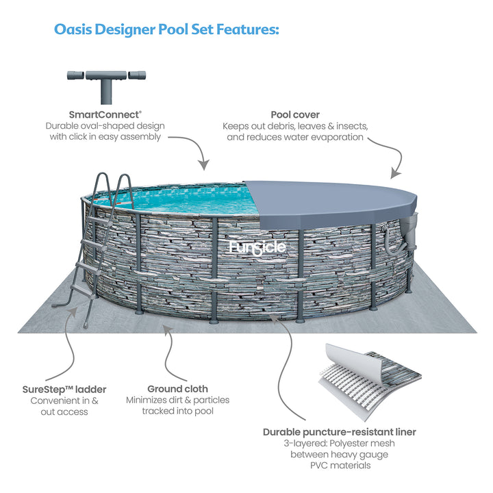 Funsicle 16' x 48" Oasis Round Frame Swimming Pool with 16' Debris Cover, Stone