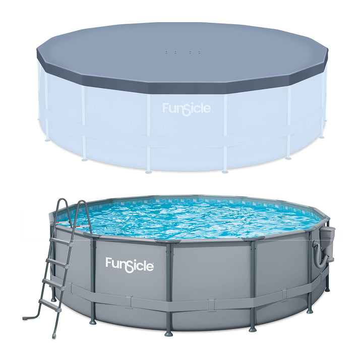 Funsicle 16' x 48" Oasis Round Frame Swimming Pool with 16' Debris Cover, Gray