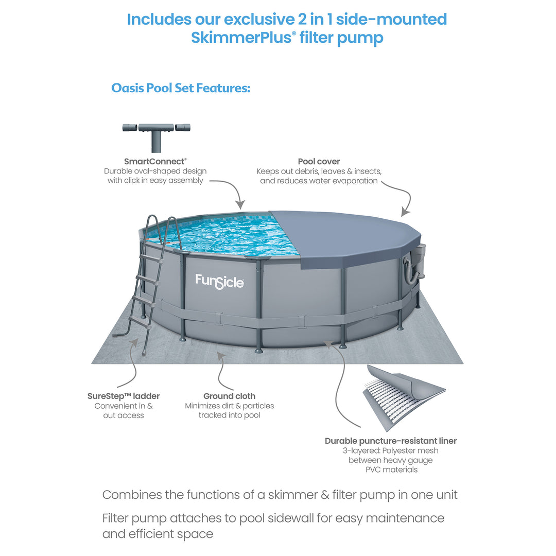 Funsicle 16' x 48" Oasis Round Frame Swimming Pool with 16' Debris Cover, Gray