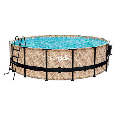 Funsicle 16' x 48" Oasis Round Frame Swimming Pool w/ 16' Cover, Oak Herringbone
