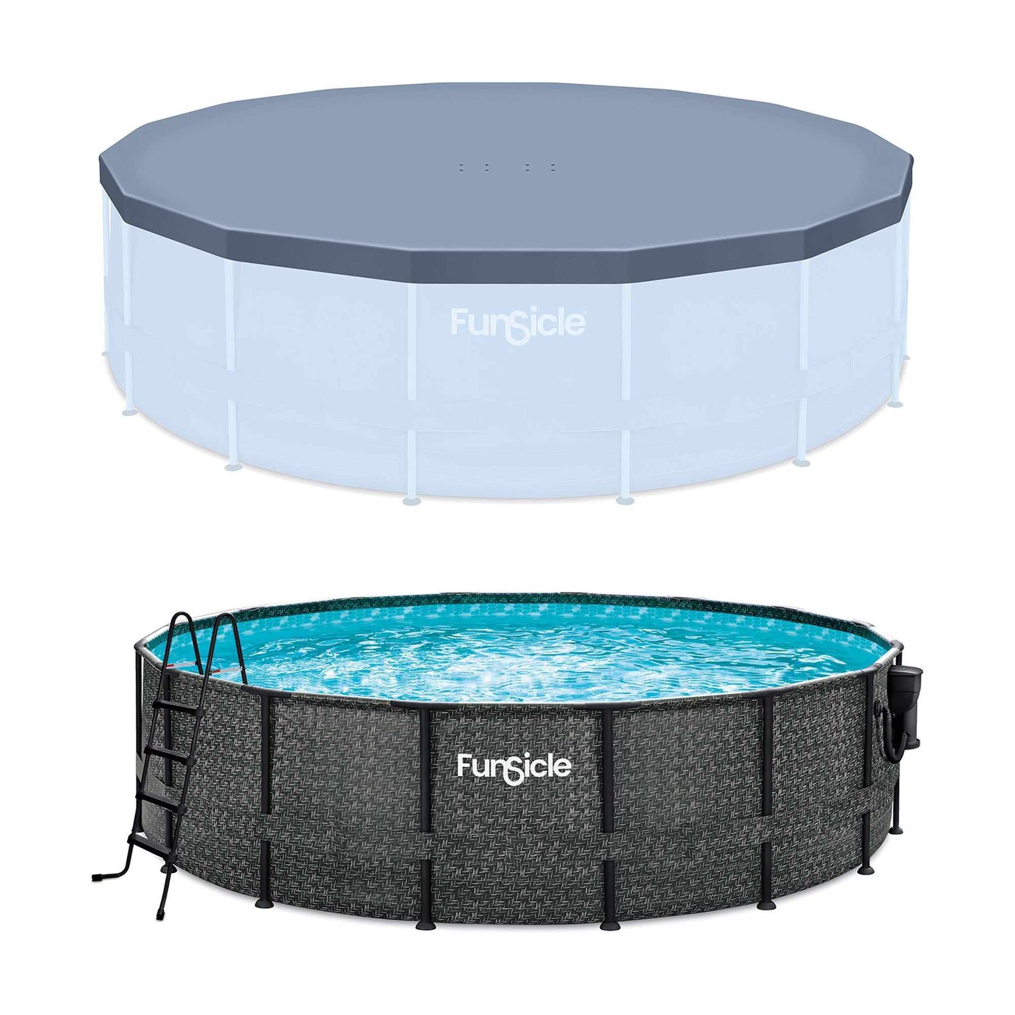 Funsicle 16'x48" Oasis Round Frame Swimming Pool w/ 16' Cover, Dark Herringbone - VMInnovations