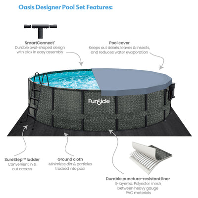 Funsicle 16'x48" Oasis Round Frame Swimming Pool w/ 16' Cover, Dark Herringbone - VMInnovations