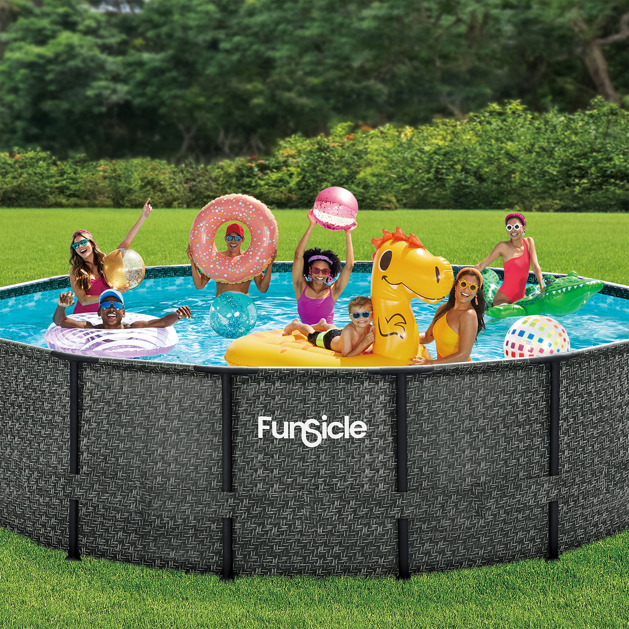 Funsicle 16'x48" Oasis Round Frame Swimming Pool w/ 16' Cover, Dark Herringbone - VMInnovations