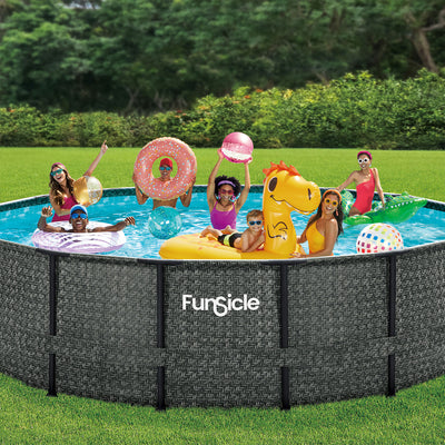 Funsicle 16'x48" Oasis Round Frame Swimming Pool w/ 16' Cover, Dark Herringbone