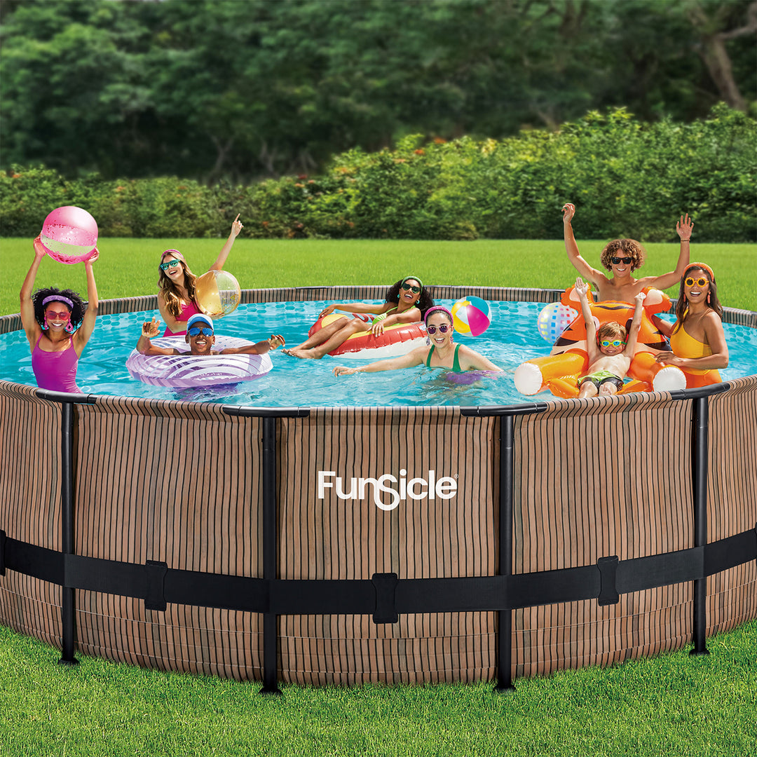 Funsicle 16' x 48" Oasis Round Frame Swimming Pool with 16' Cover, Natural Teak