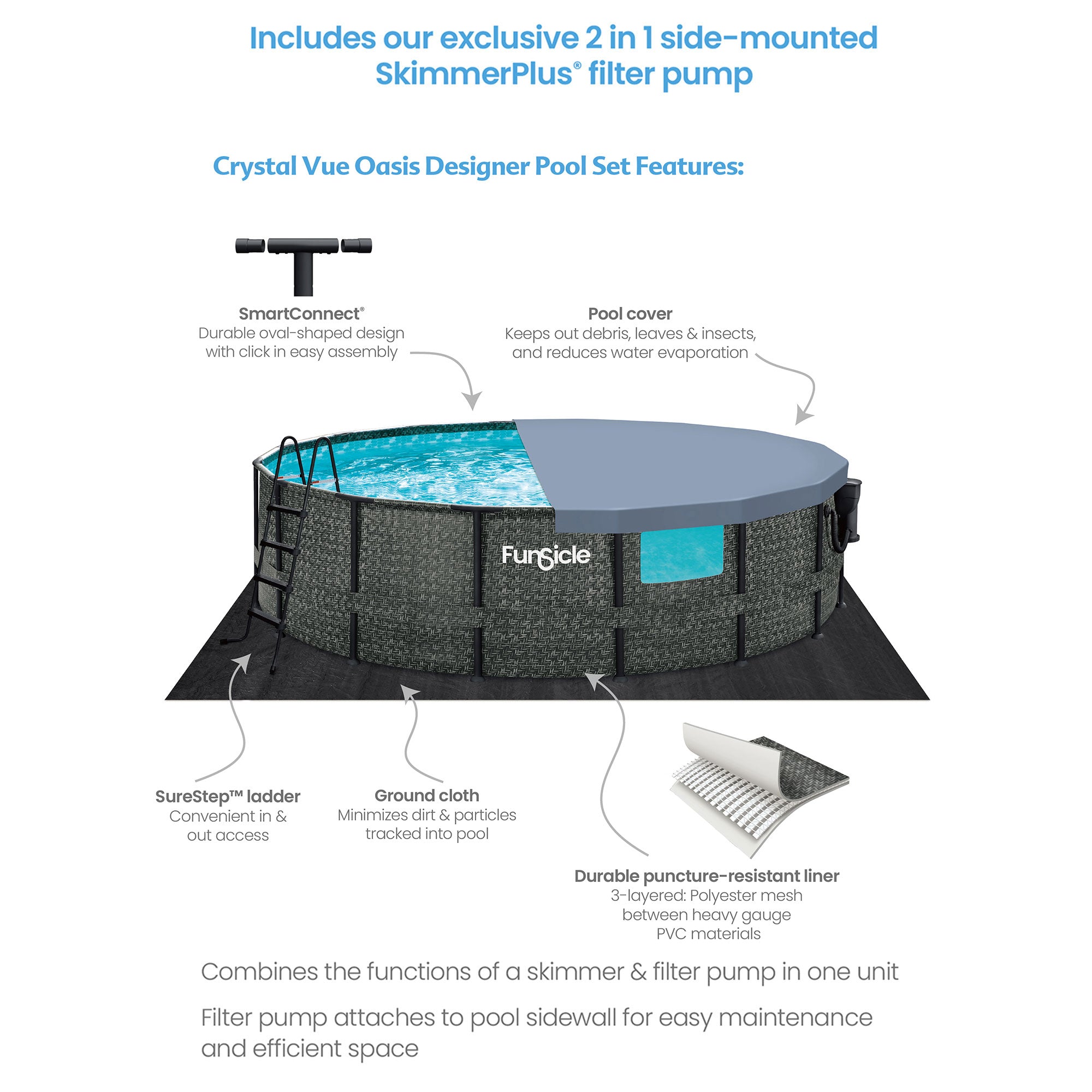 Funsicle 16' x 48" Crystal Vue Round Swimming Pool Set w/ 16' Cover, Herringbone - VMInnovations