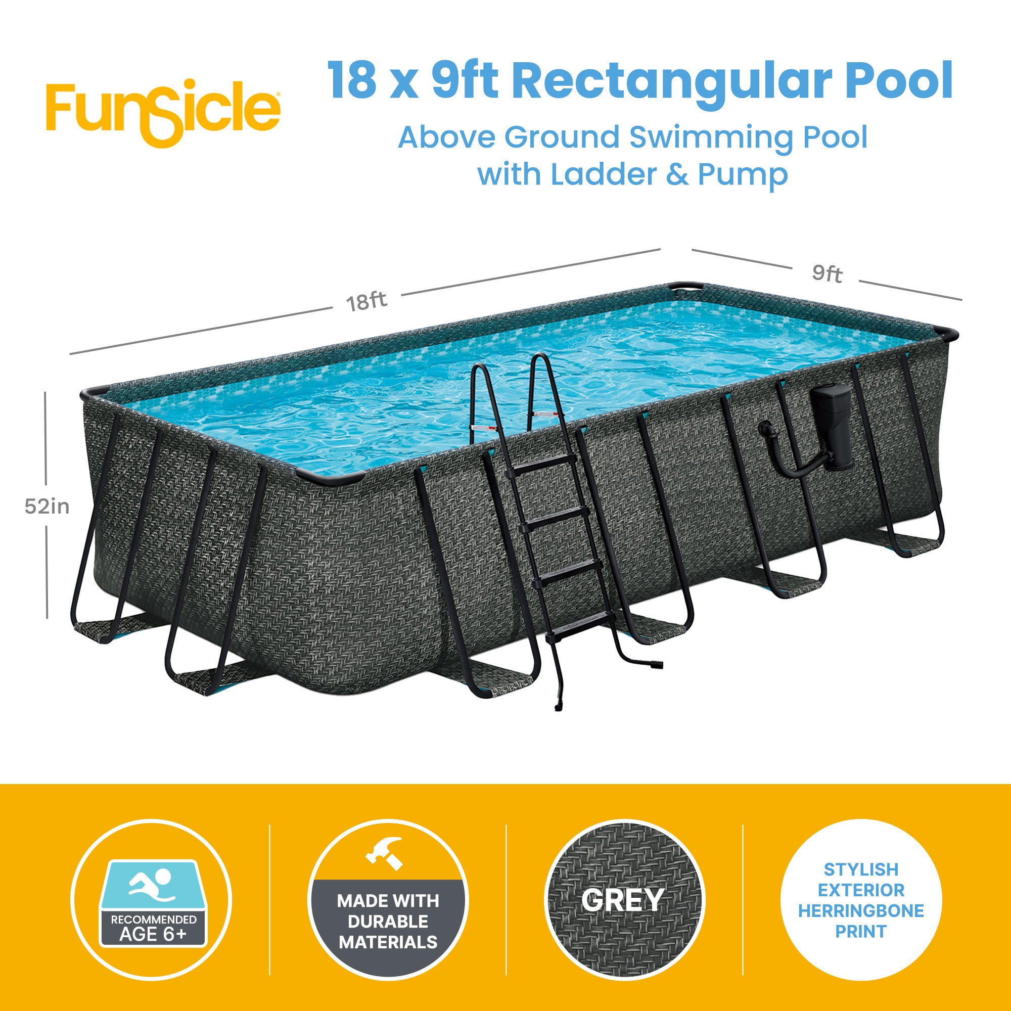 Funsicle 18' x 9' x 52" Oasis Rectangular Swimming Pool Set with 18' Cover, Gray - VMInnovations