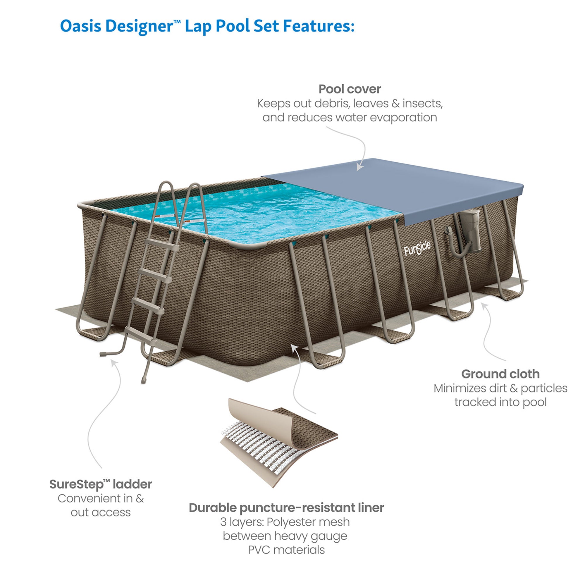 Funsicle 18'x9'x52" Oasis Rectangular Swimming Pool Set with 18' Cover, Brown - VMInnovations