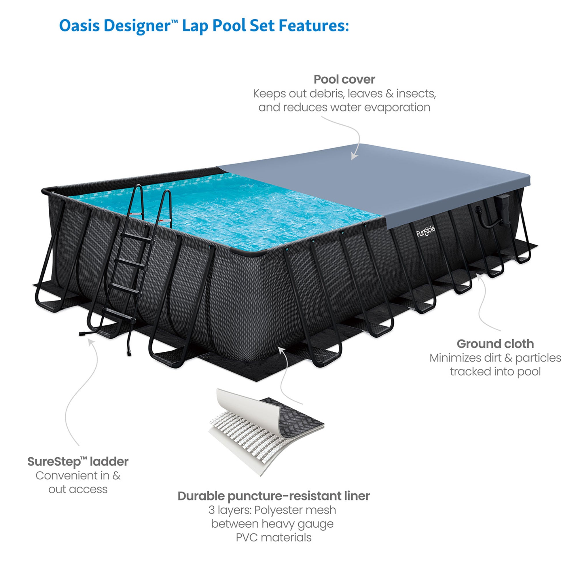 Funsicle 24'x12'x52" Oasis Rectangular Swimming Pool Set with 24' Cover, Black