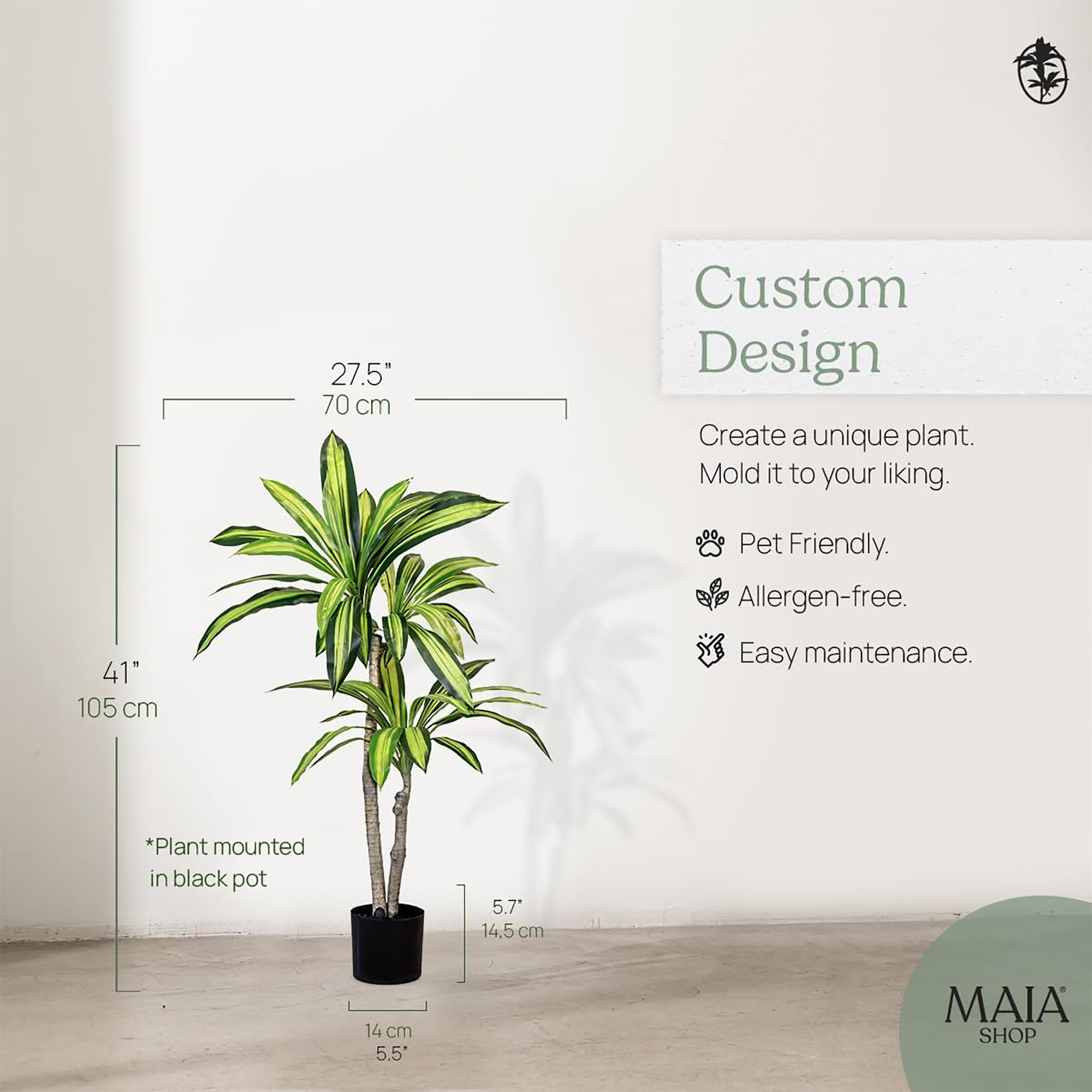 Maia Artificial Dracaena Plant 3.5 Feet Tall Tropical Palm Tree, 41"(Open Box) - VMInnovations