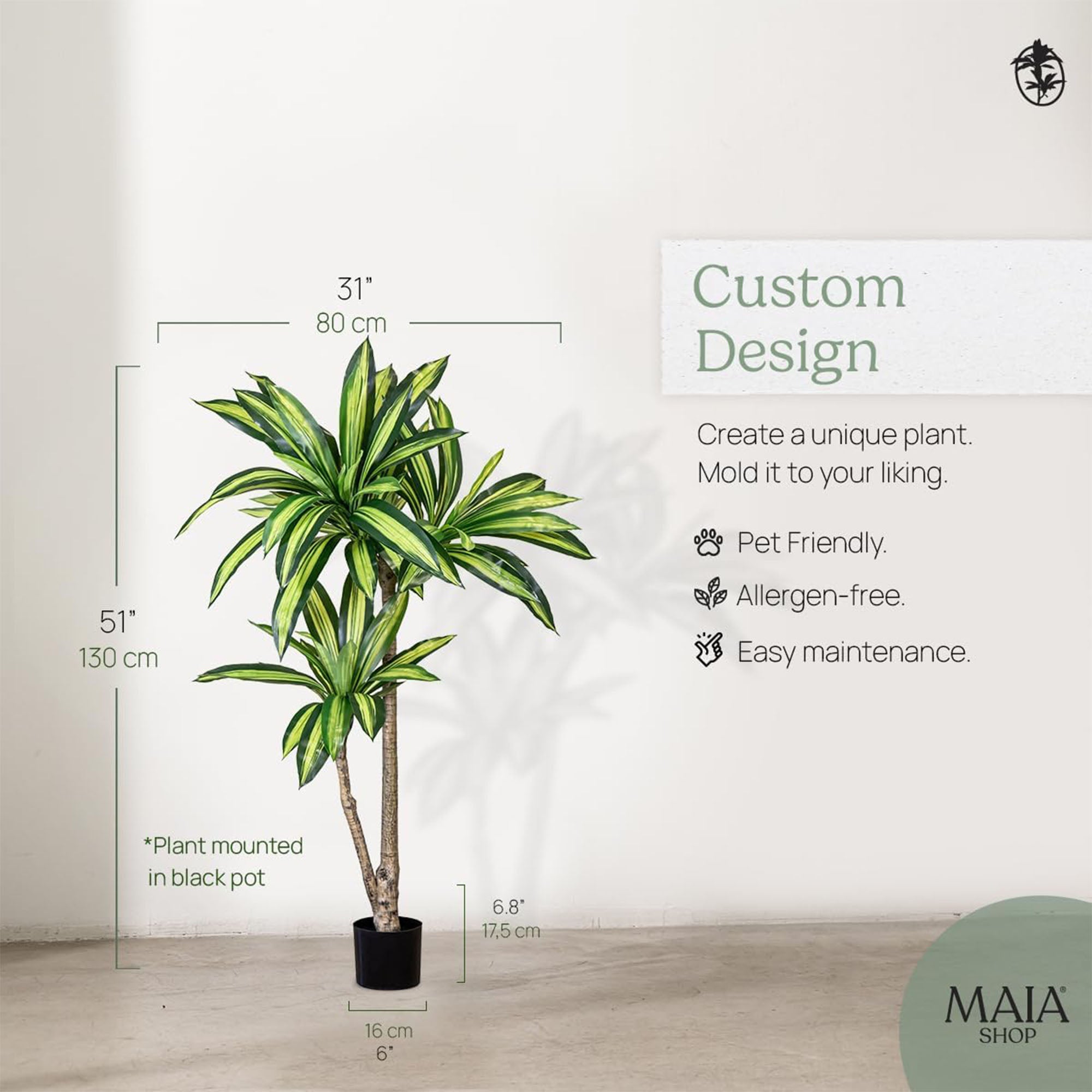 Maia Shop Artificial Dracaena Tree 4 ft. 3 in. Tall Tropical Home Decoration, 51 In. - VMInnovations