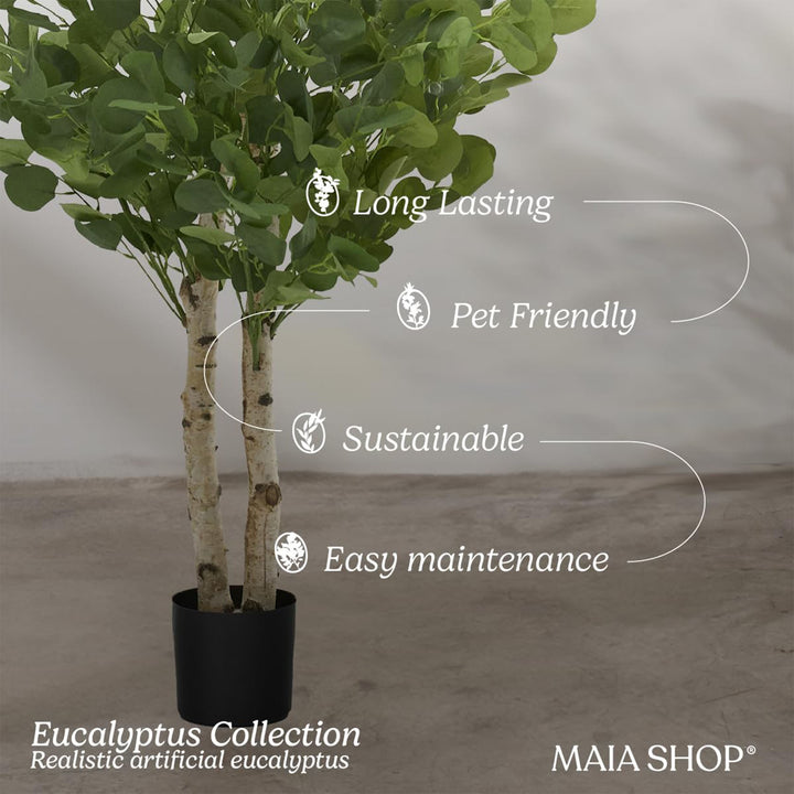 Maia Shop Artificial Eucalyptus Tree 3.5' Tall, Fake Tree w/Natural Wood Trunk